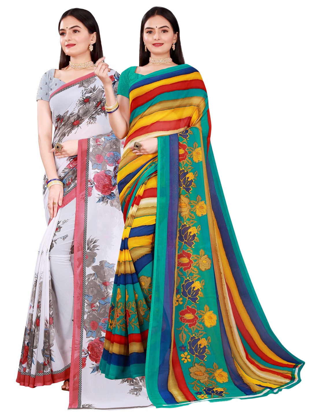 

Florence Green & White Pack of 2 Floral Pure Georgette Saree