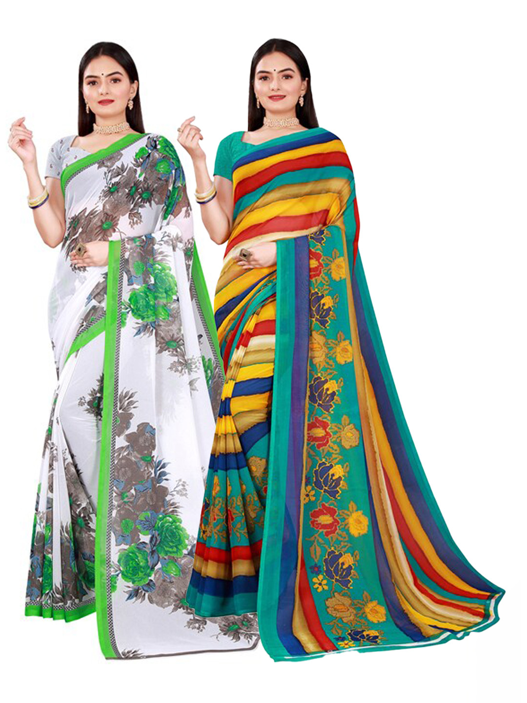 

Florence Pack of 2 White & Multicoloured Floral Pure Georgette Saree