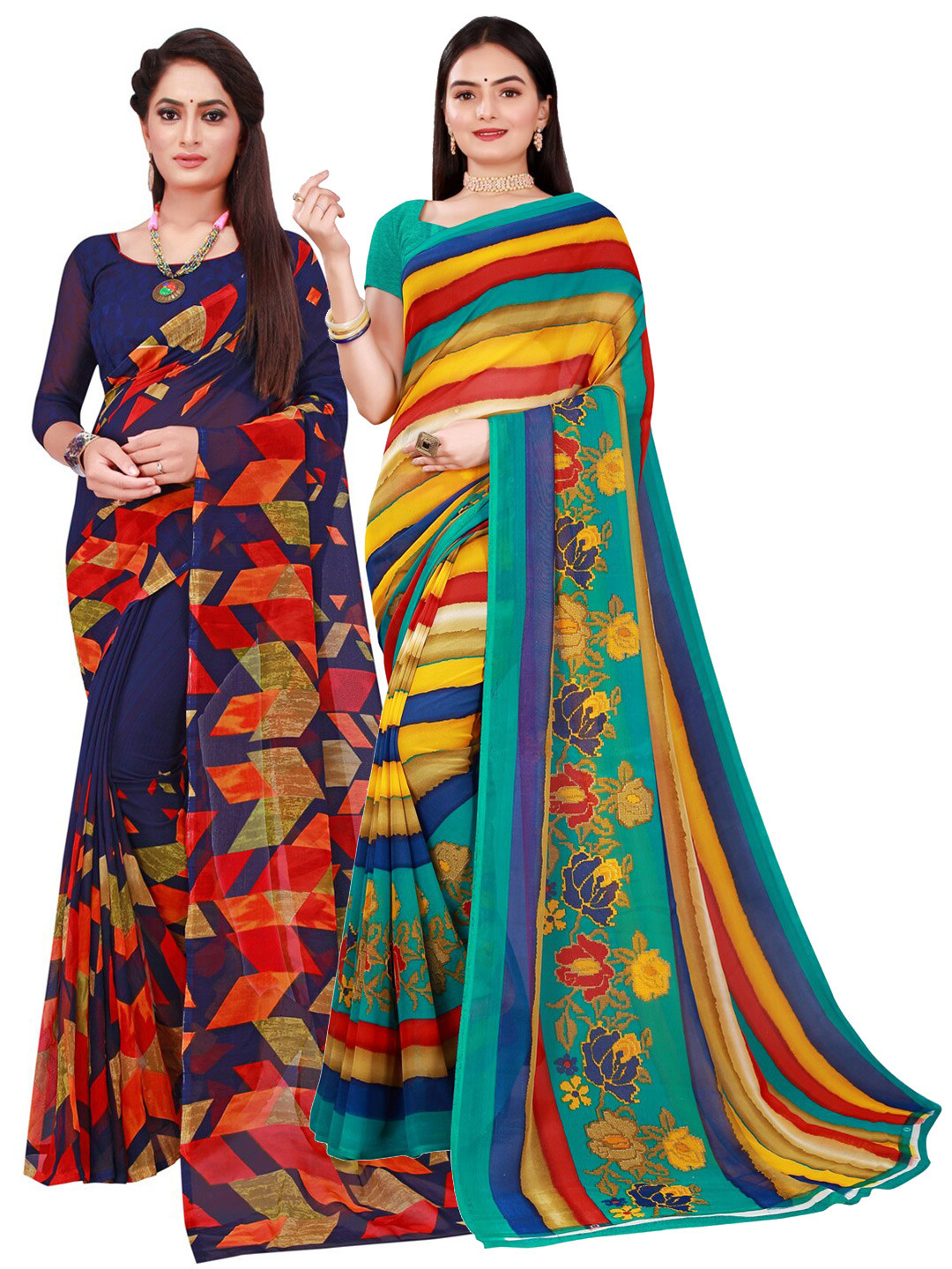 

Florence Navy Pack Of 2 Blue & Green Floral Pure Georgette Saree, Navy blue
