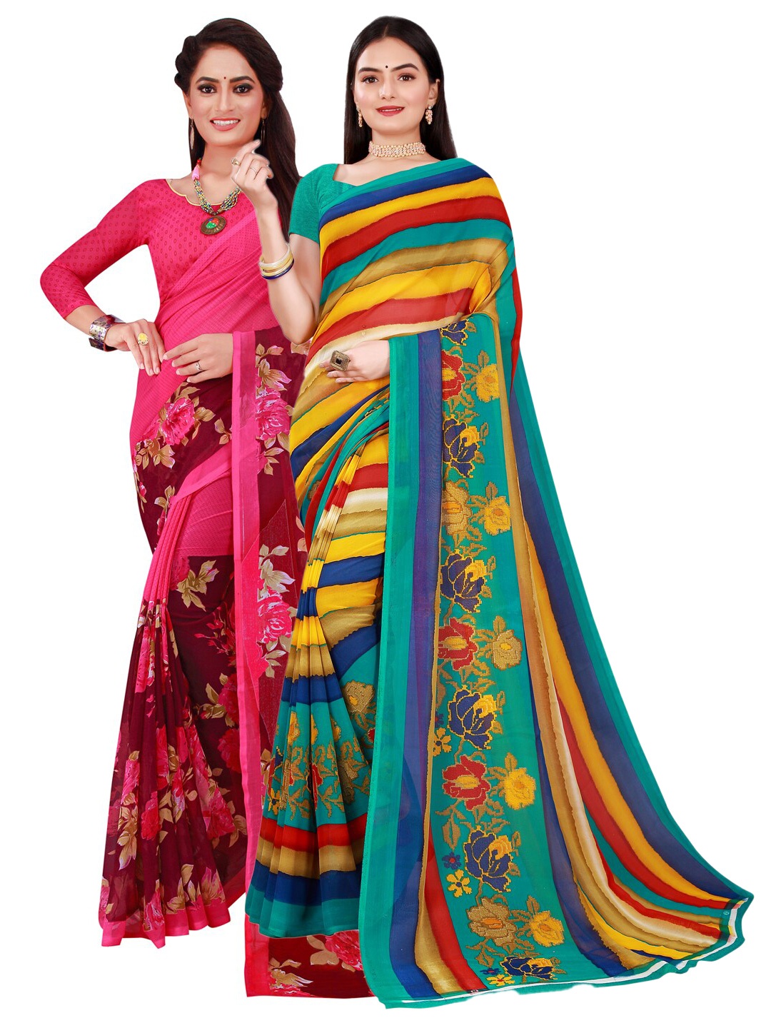 

Florence Magneta & Multicoloured Pack Of 2 Pure Georgette Sarees, Magenta