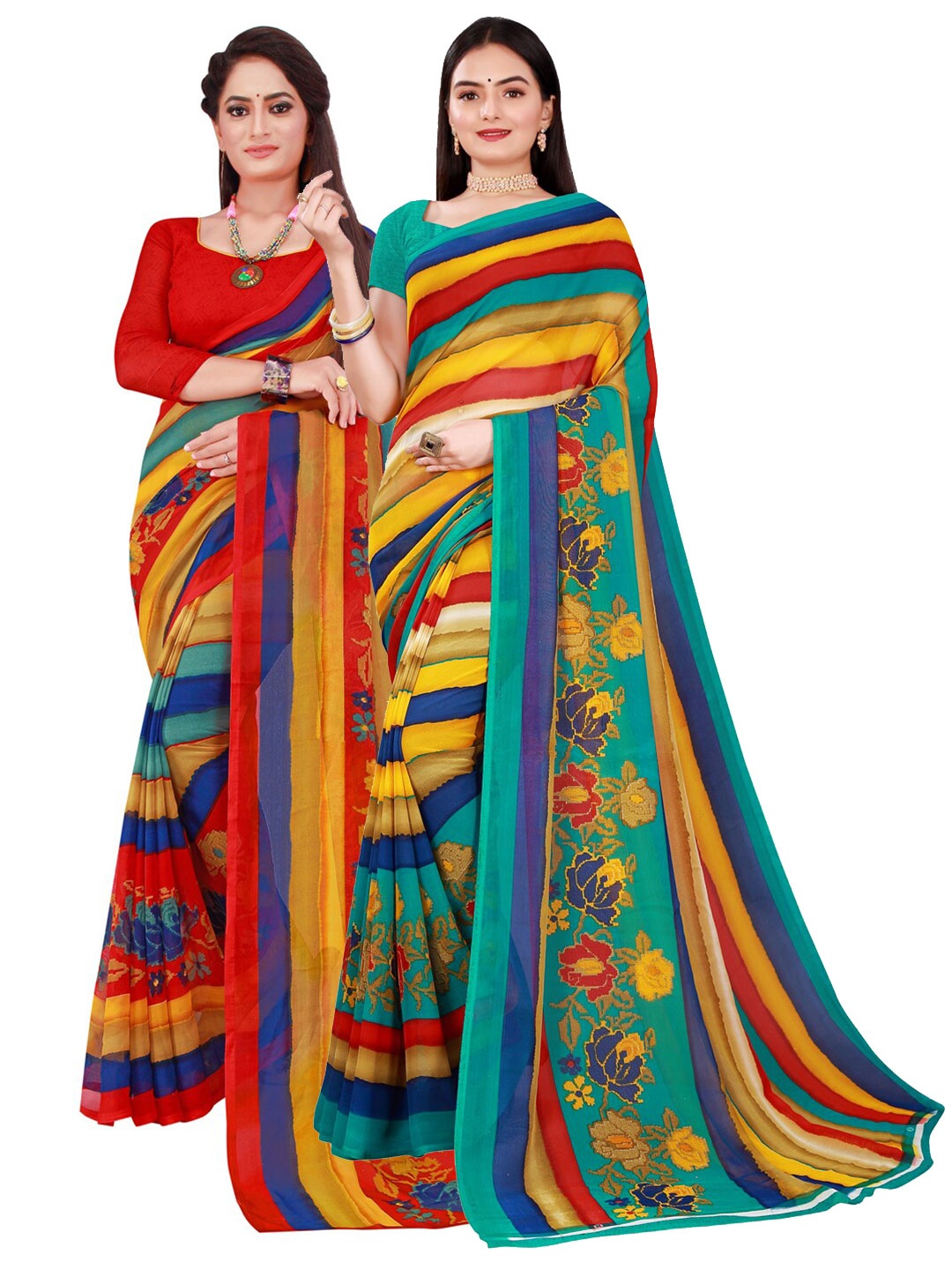 

Florence Pack of 2 Red & Green Floral Pure Georgette Saree