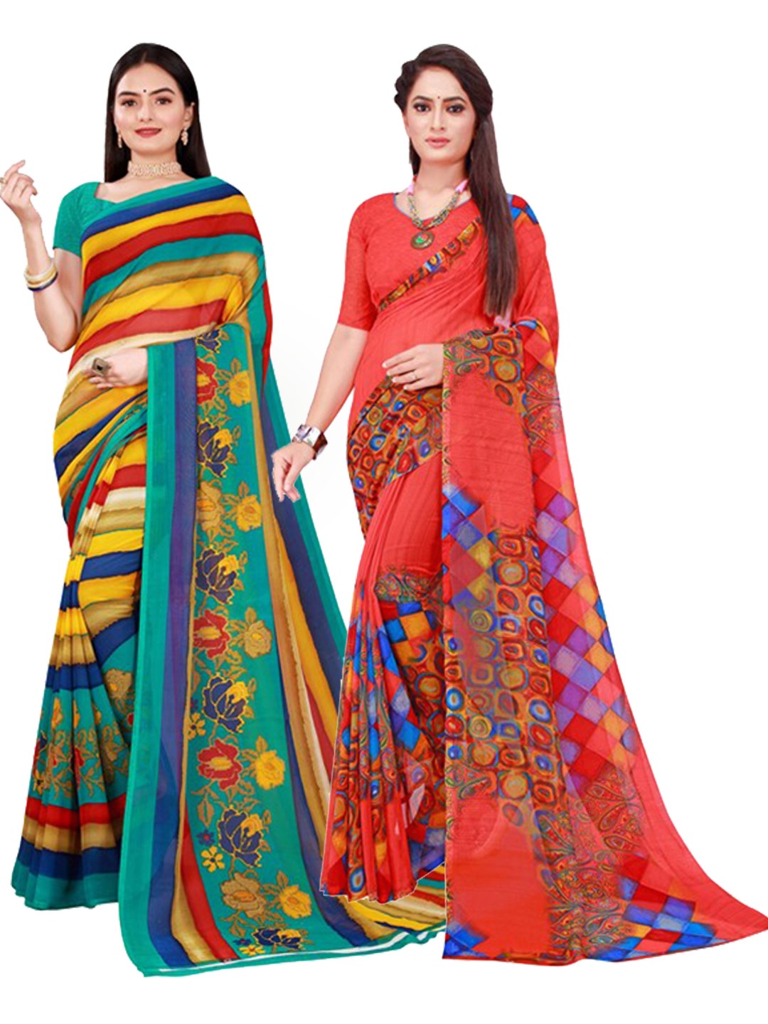

Florence Red & Blue Pack of 2 Printed Pure Georgette Saree