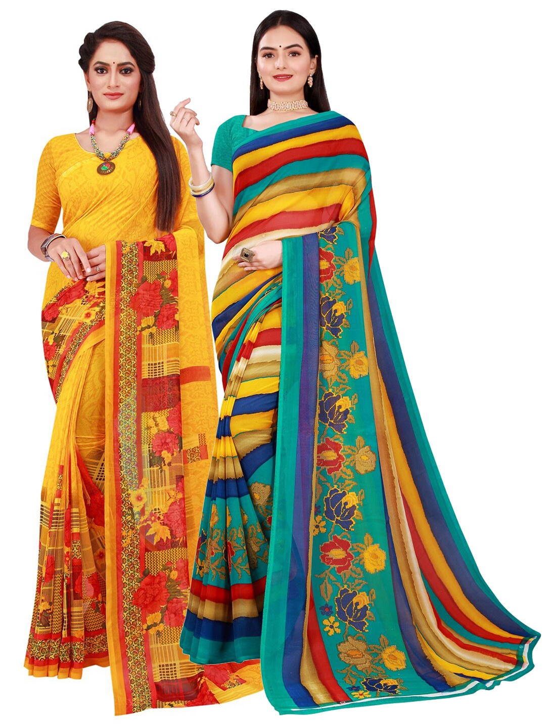 

Florence Set Of 2 Yellow & Blue Floral Pure Georgette Saree
