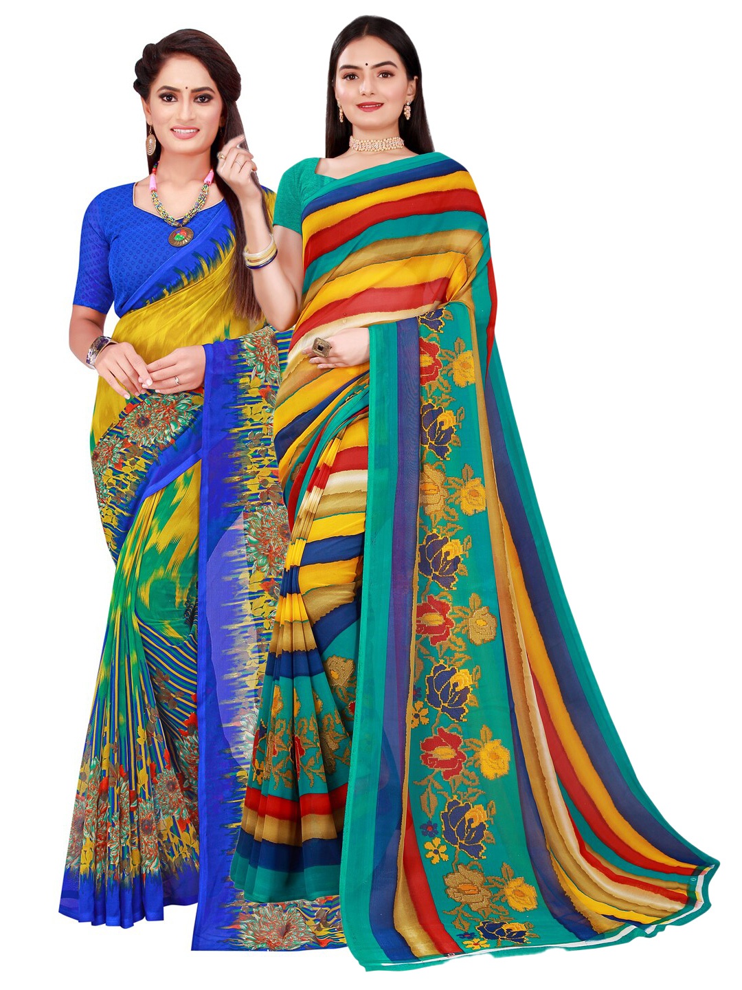 

Florence Yellow & Teal Set Of 2 Pure Georgette Saree