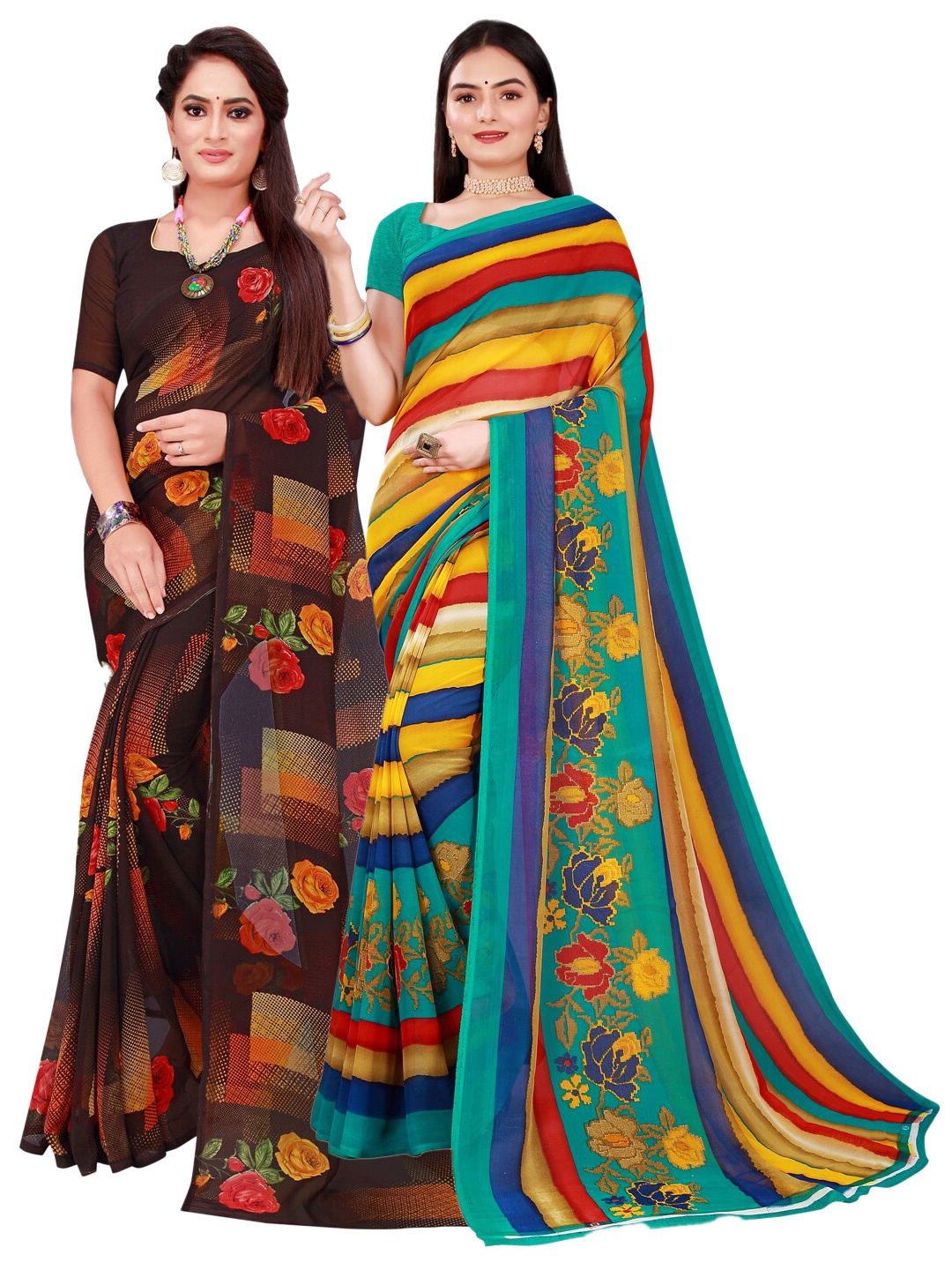 

Florence Pack of 2 Brown & Red Floral Pure Georgette Saree