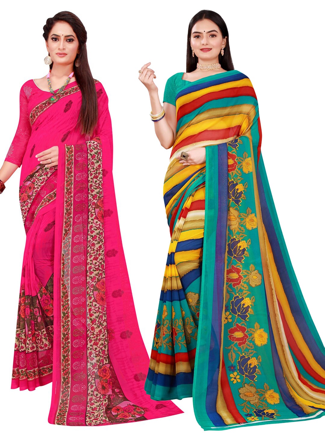 

Florence Magenta & Multicoloured Pack Of 2 Pure Georgette Sarees