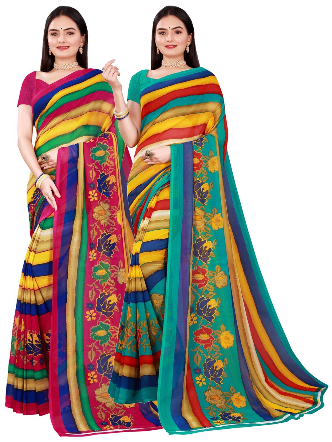 

Florence Pink & Yellow Set Of 2 Pure Georgette Saree