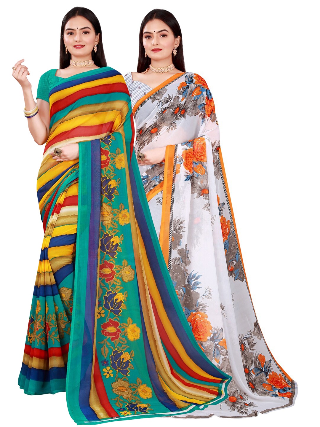 

Florence White & Green Set Of 2 Floral Pure Georgette Saree