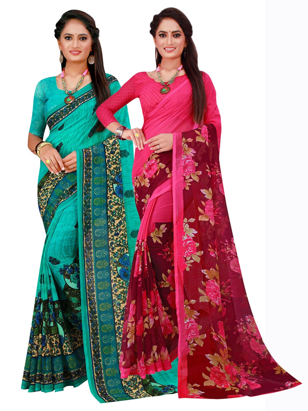 

Florence Magenta & Turquoise Blue Set Of 2 Floral Pure Georgette Saree