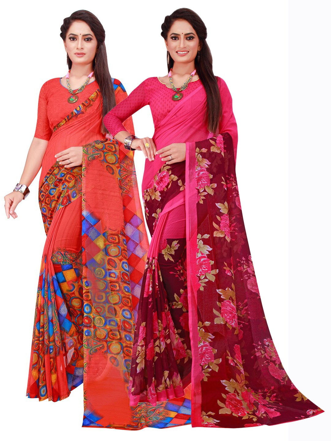 

Florence Red & Pink Floral Pure Georgette Saree Pack Of 2