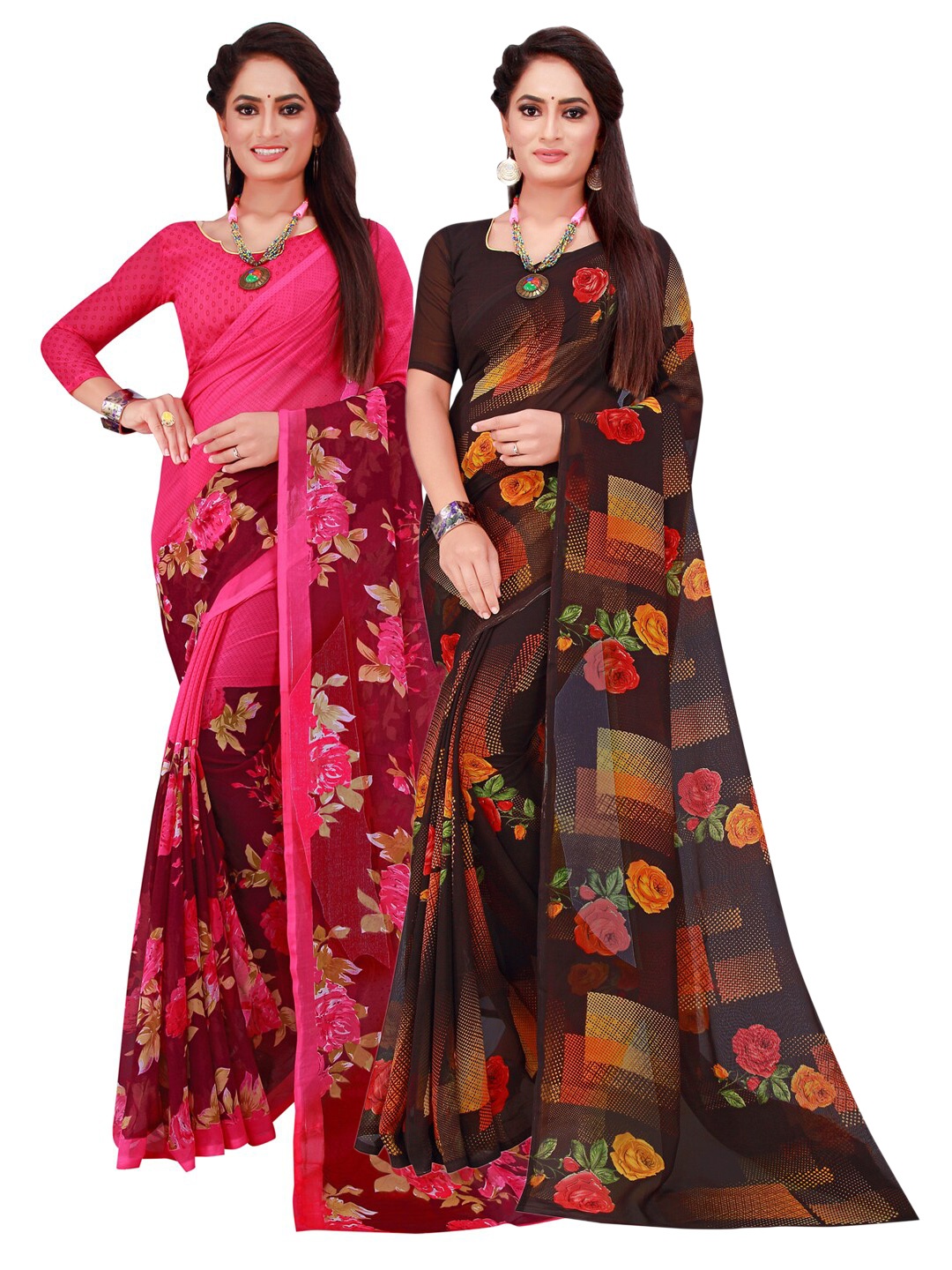 

Florence Magenta & Black Set Of 2 Pure Georgette Saree