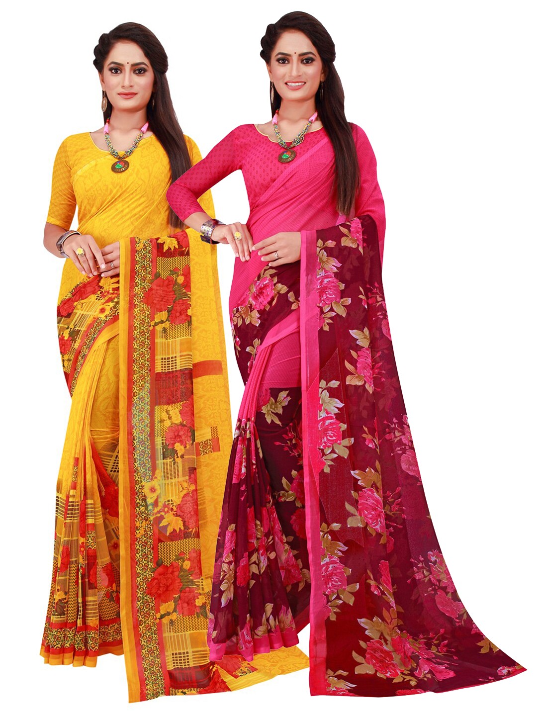 

Florence Yellow & Magenta Set Of 2 Floral Pure Georgette Saree
