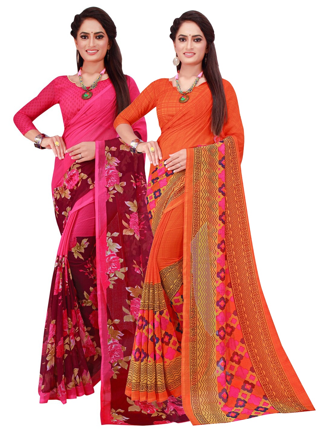 

Florence Pack of 2 Orange & Magenta Pure Georgette Sarees