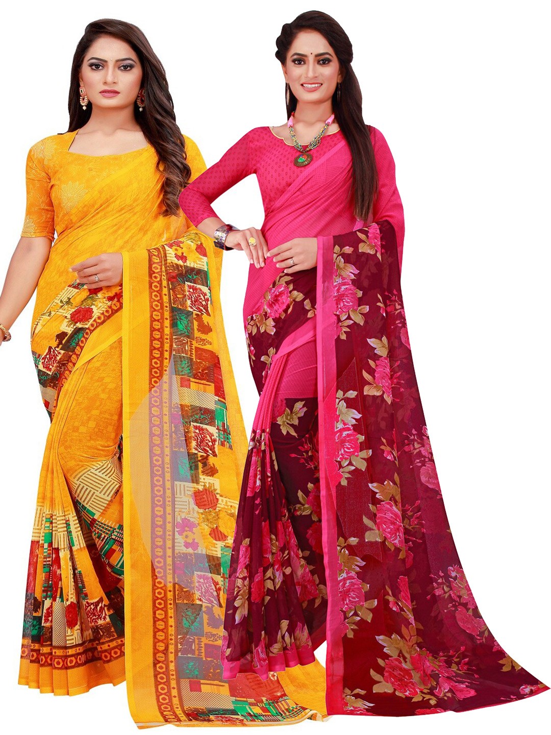 

Florence Pack Of 2 Magenta & Yellow Pure Georgette Saree