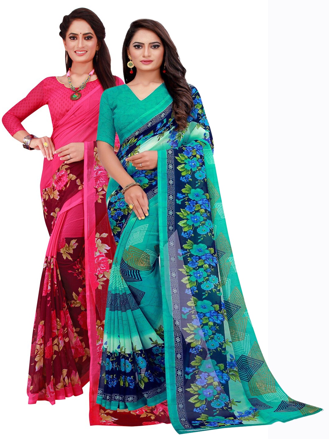 

Florence Pack of 2 Turquoise Blue & Magenta Pure Georgette Sarees