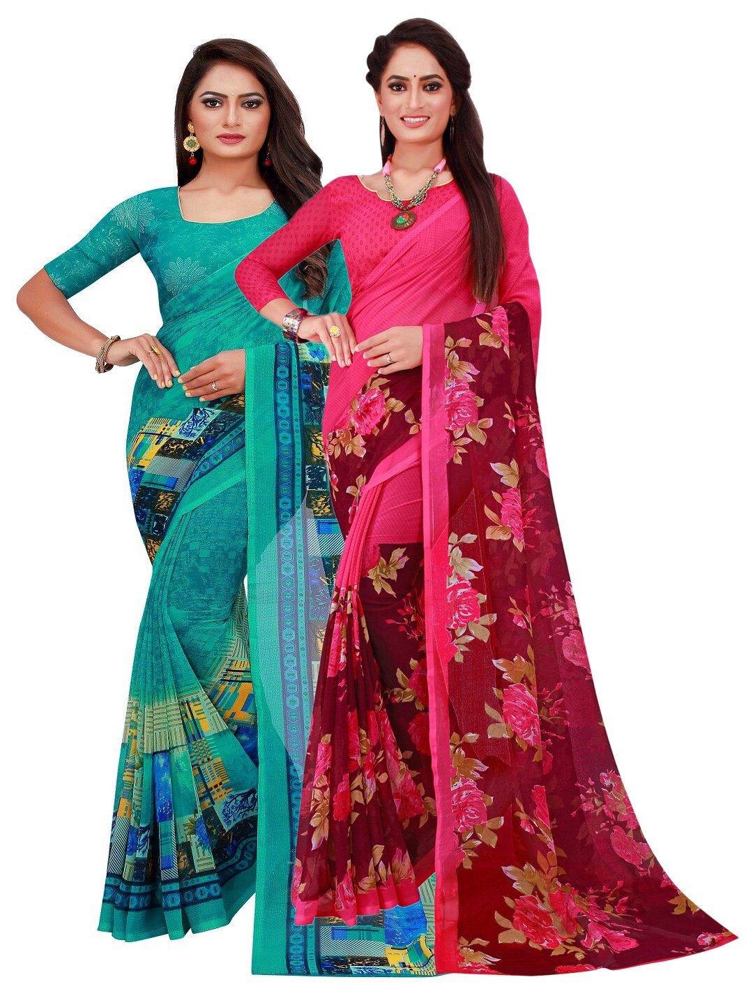 

Florence Pack of 2 Turquoise Blue & Magenta Floral Printed Pure Georgette Saree
