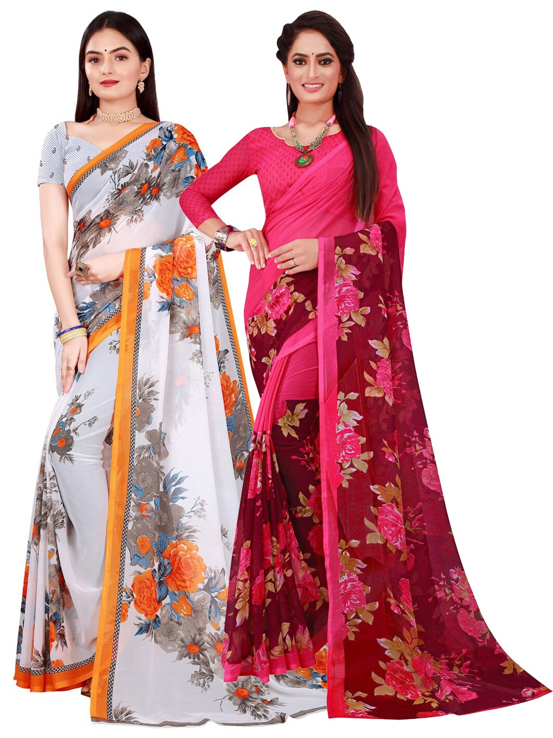 

Florence Magenta & White Pack Of 2 Floral Printed Pure Georgette Sarees