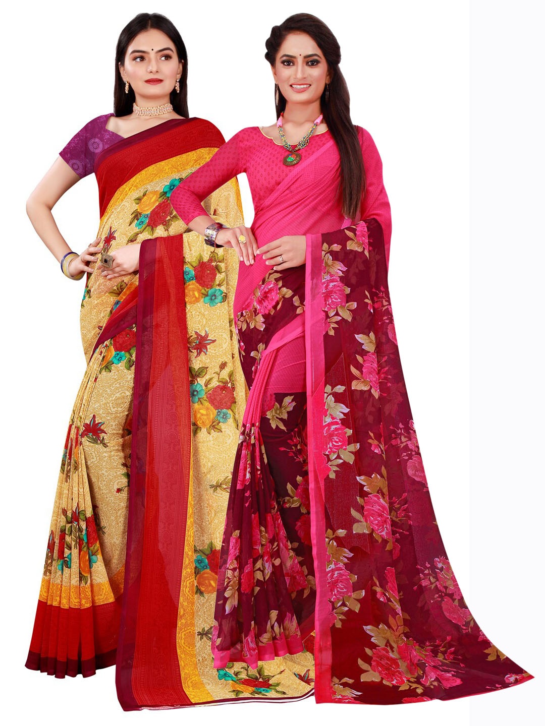 

Florence Set Of 2 Beige & Magenta Floral Pure Georgette Saree