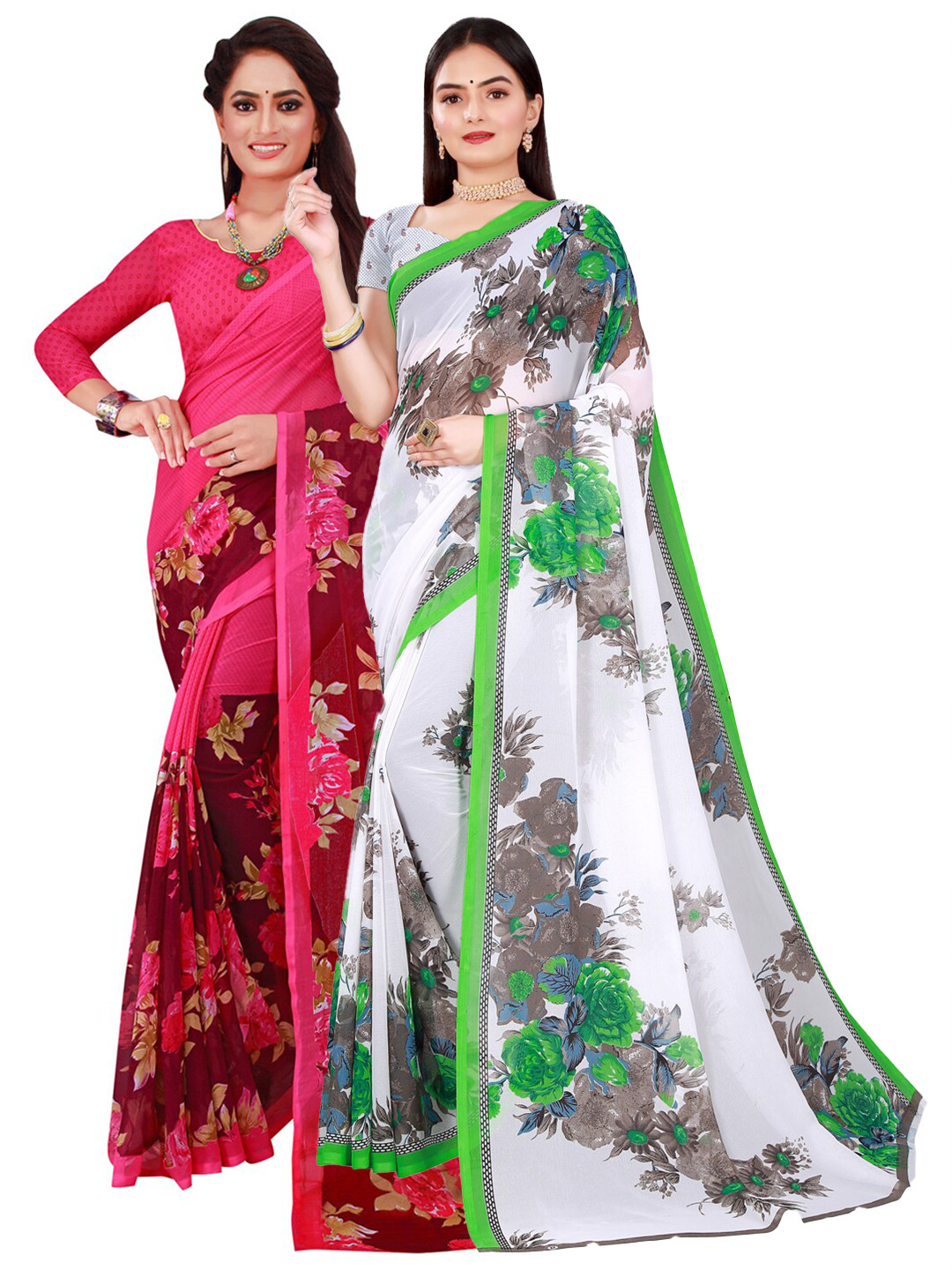 

Florence Magenta & White Pack of 2 Floral Printed Pure Georgette Sarees