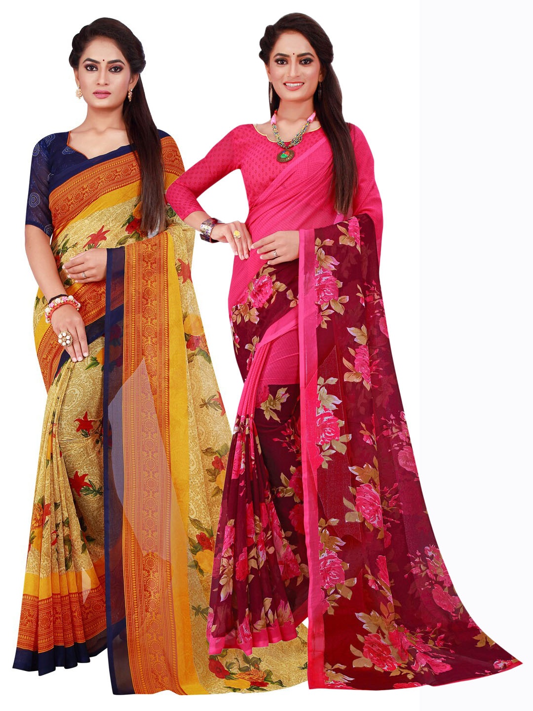 

Florence Magenta & Brown Set Of 2 Floral Pure Georgette Saree