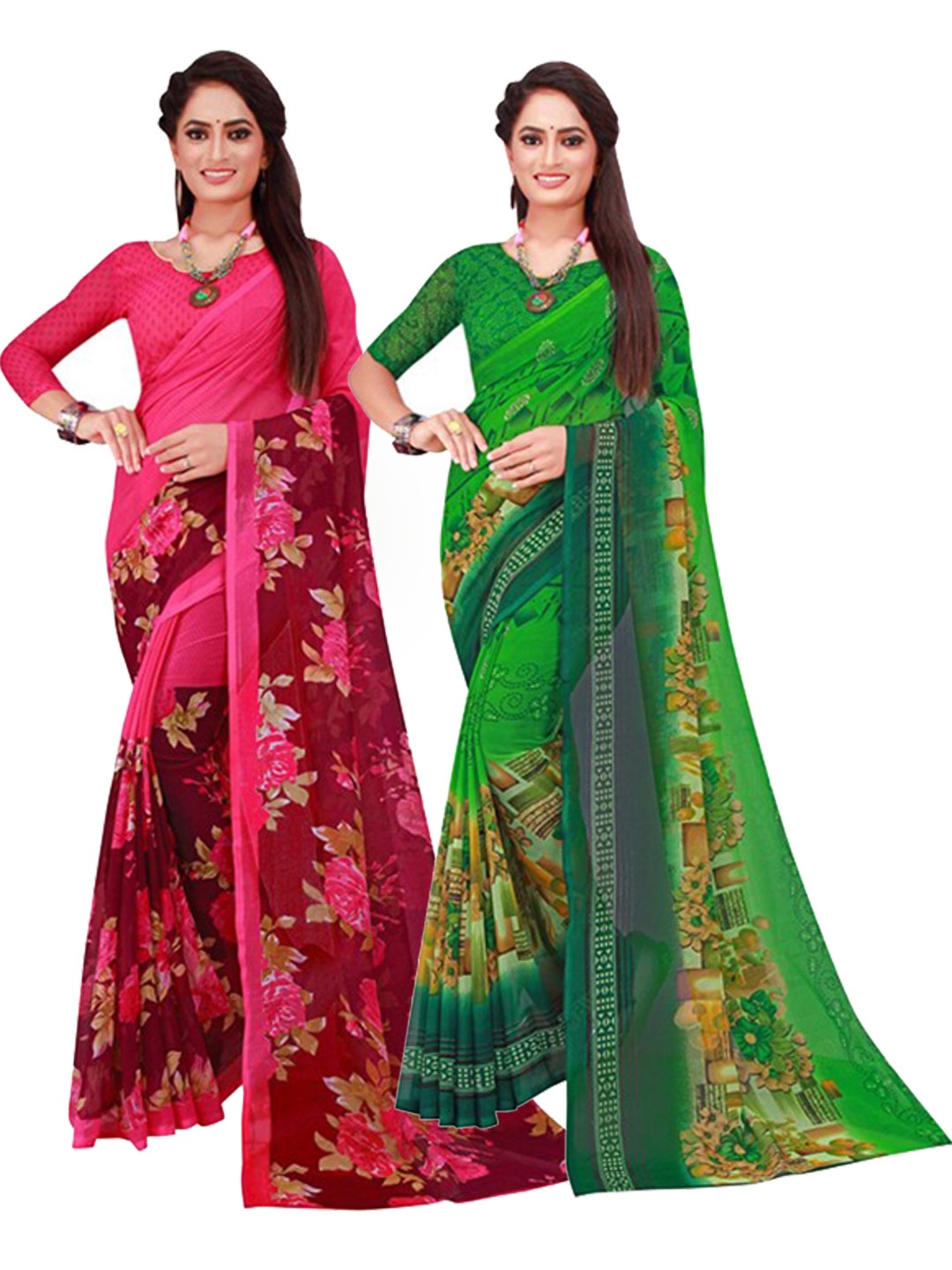 

Florence Set of 2 Magenta & Green Floral Pure Georgette Saree