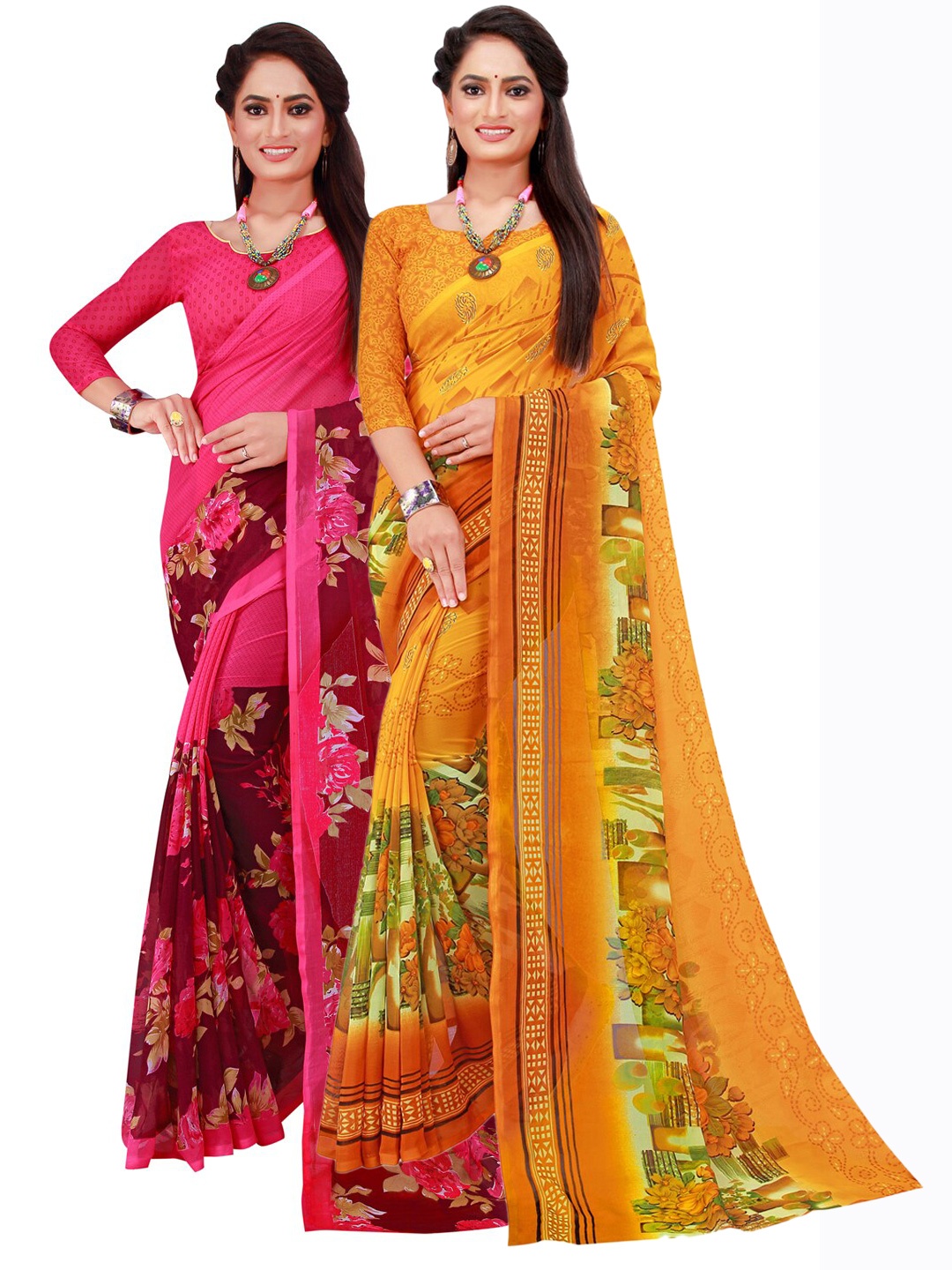 

Florence Magenta & Yellow Pack of 2 Floral Pure Georgette Saree