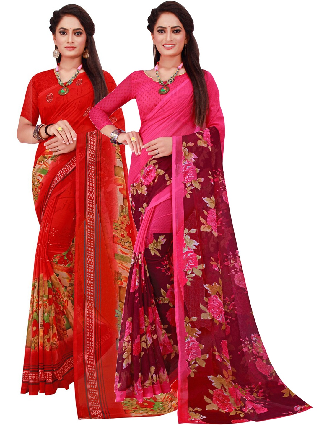

Florence Red & Magenta Set Of 2 Floral Pure Georgette Saree