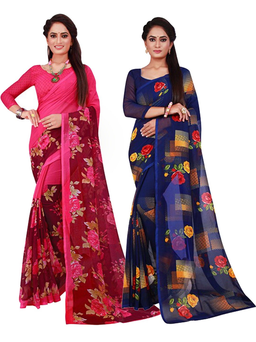 

Florence Set Of 2 Magenta & Navy Blue Floral Pure Georgette Saree