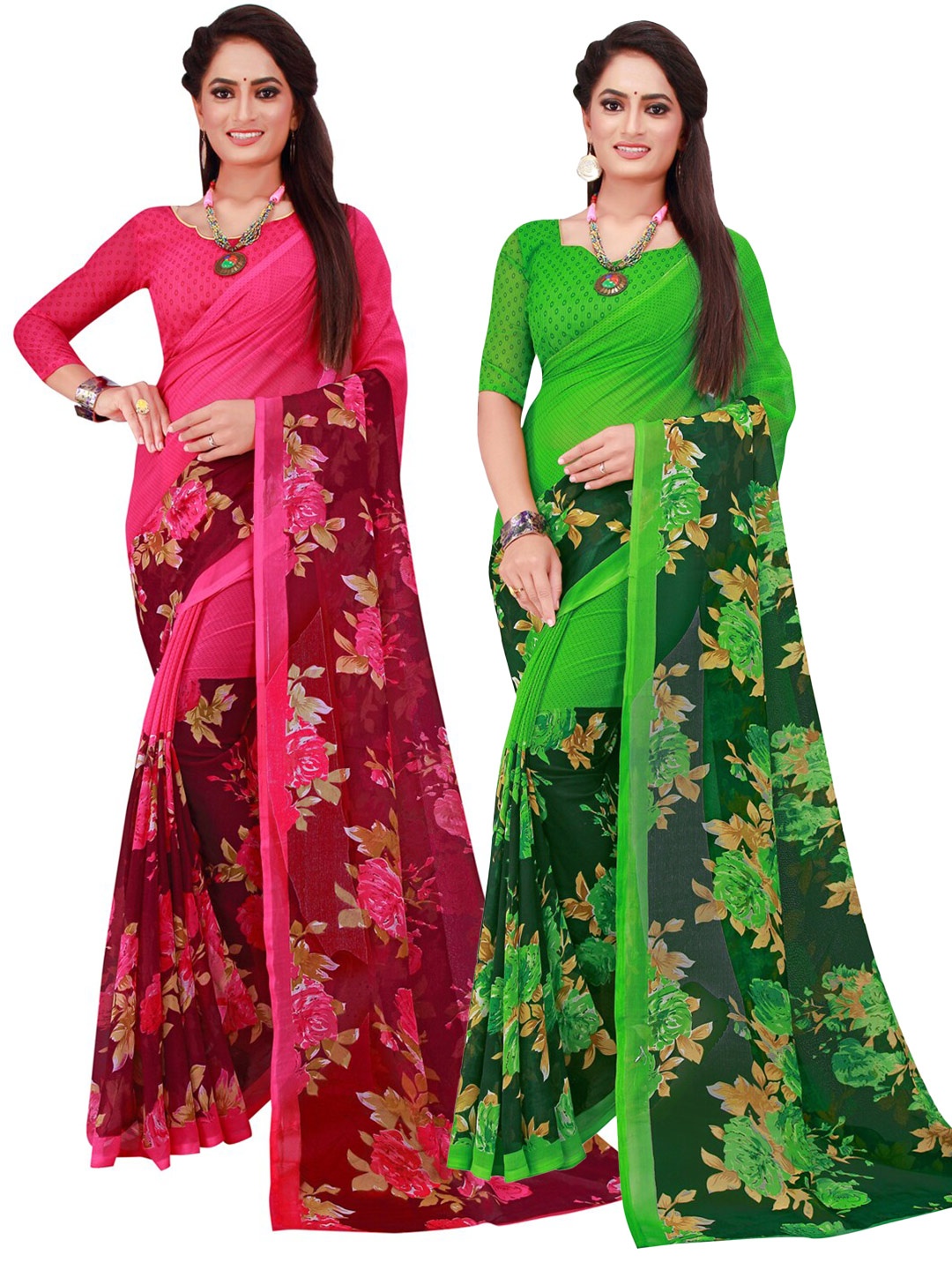 

Florence Magenta & Green Pack Of 2 Floral Printed Pure Georgette Sarees