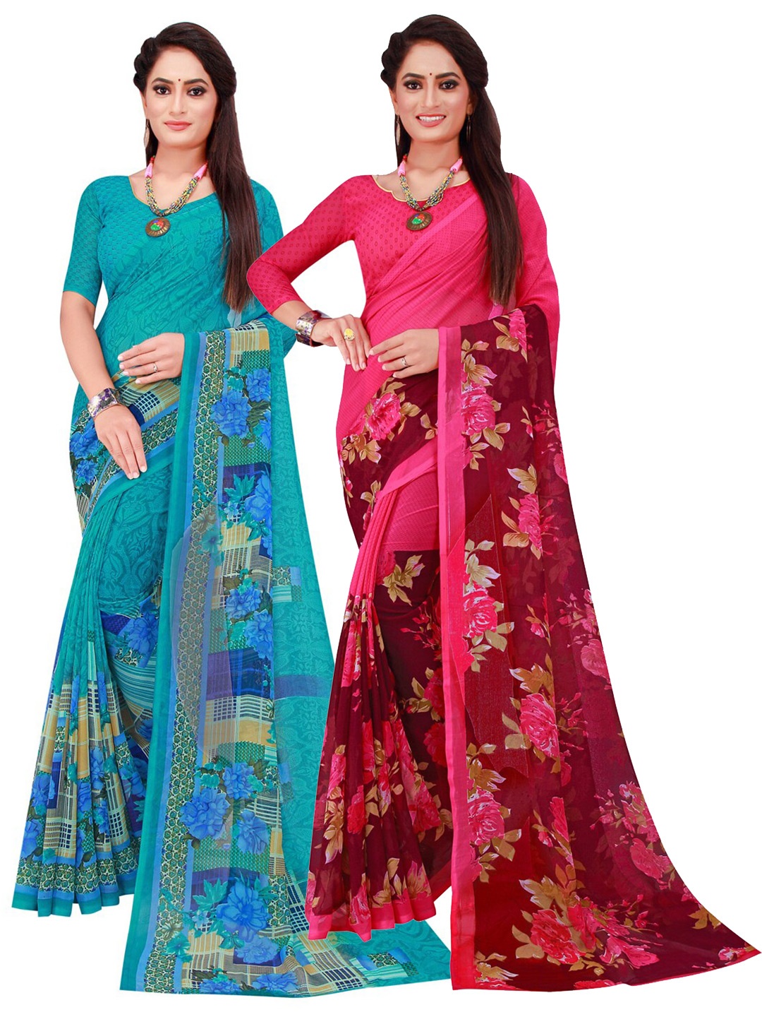

Florence Turquoise Blue & Magenta Pack Of 2 Floral Printed Pure Georgette Sarees