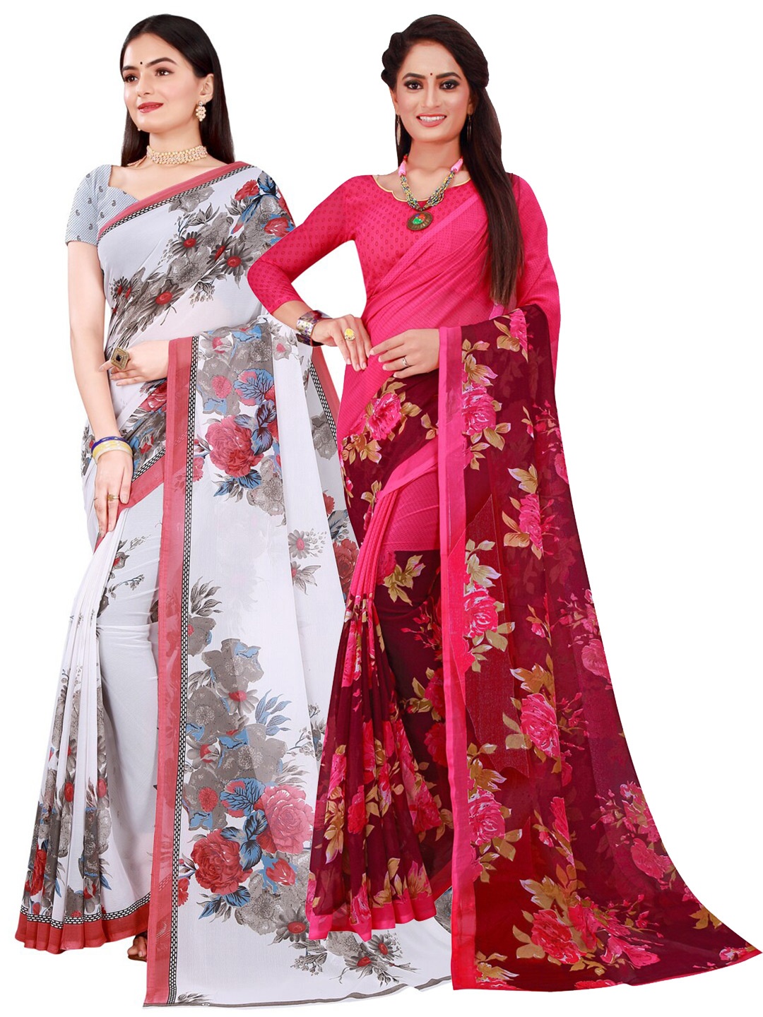 

Florence Set Of 2 Magenta & White Floral Pure Georgette Saree
