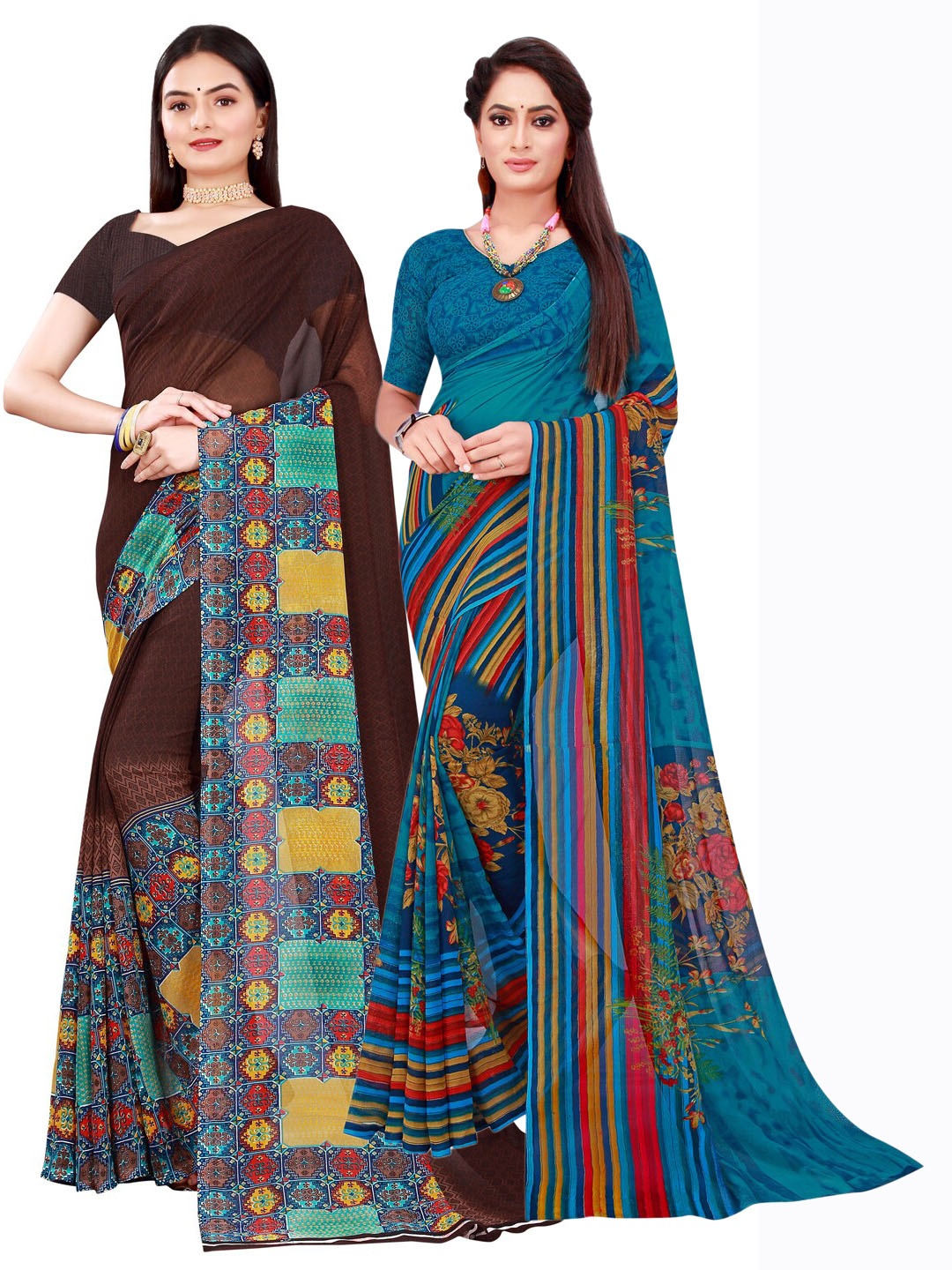 

Florence Brown & Blue Floral Pure Georgette Saree