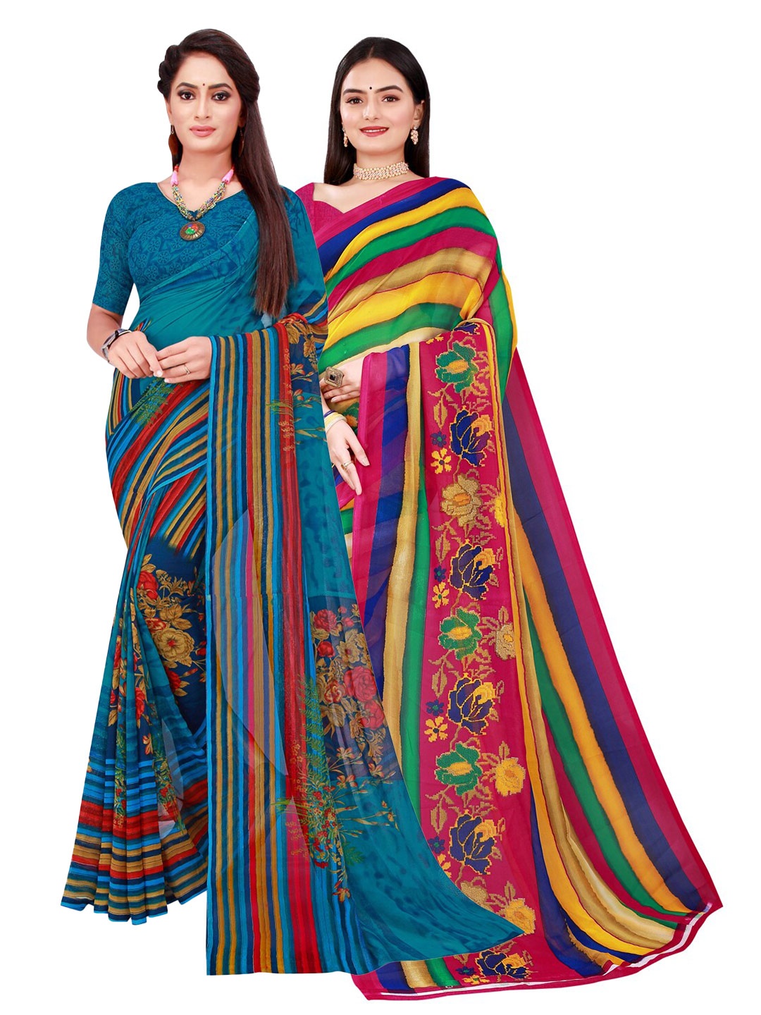 

Florence Navy Blue & Multicoloured Pack Of 2 Printed Pure Georgette Sarees
