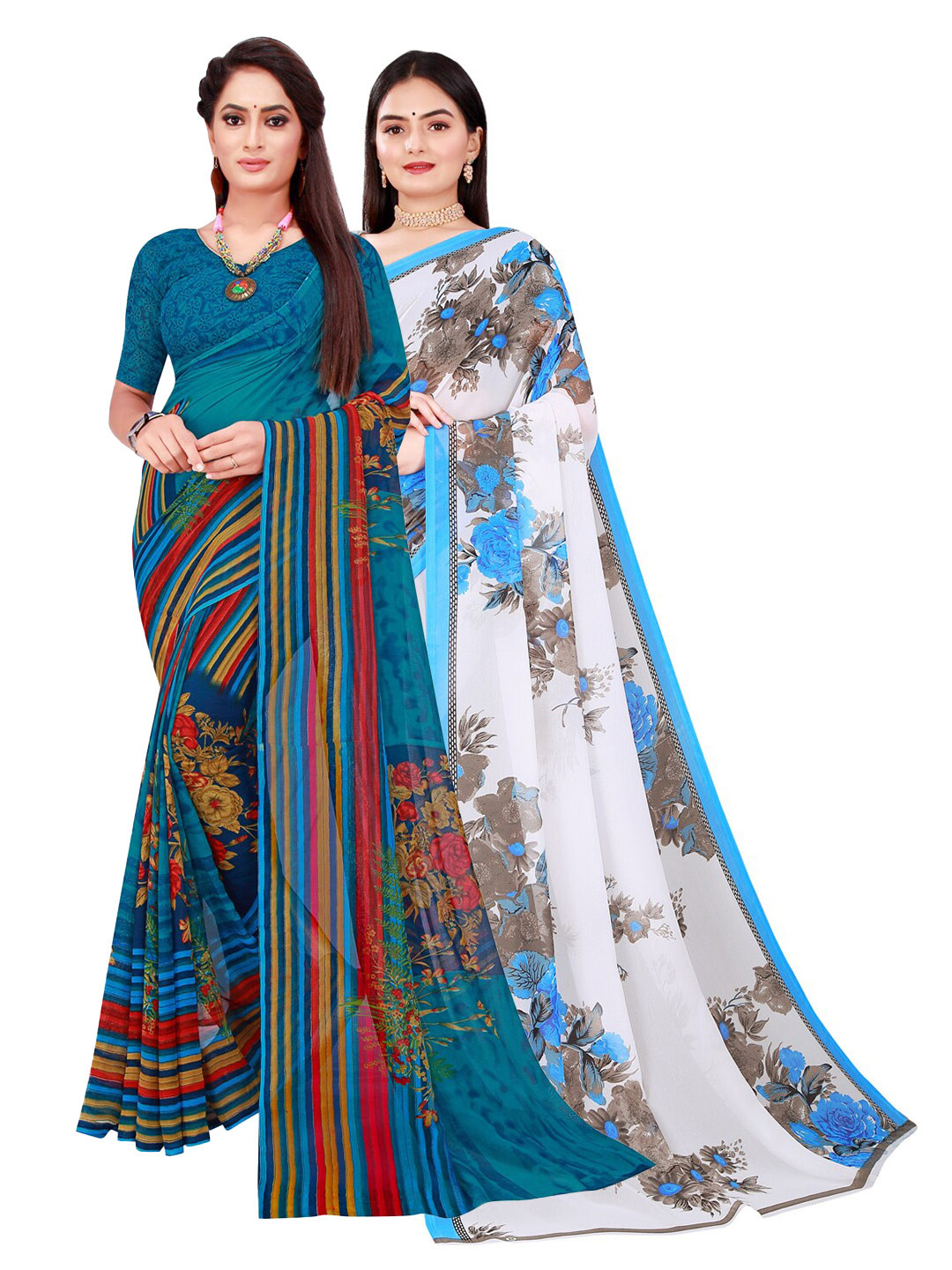 

Florence Turquoise Blue & White Pack of 2 Floral Pure Georgette Saree
