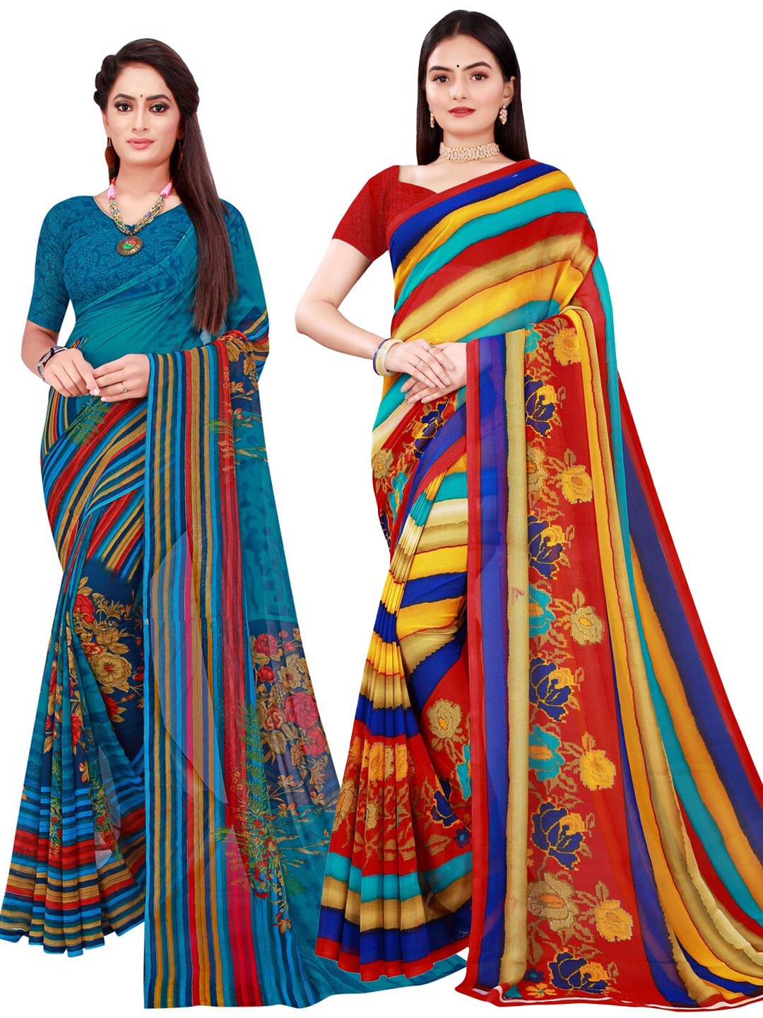 

Florence Pack Of 2 Blue & Red Floral Printed Pure Georgette Saree
