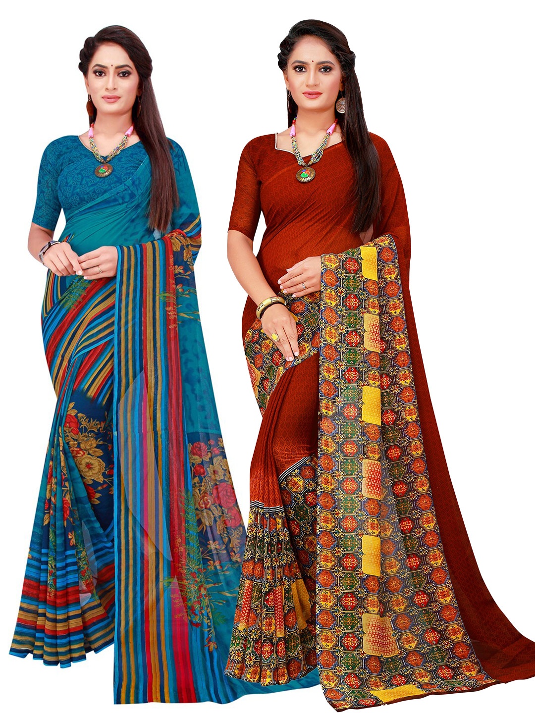 

Florence Turquoise Blue & Brown Pack of 2 Printed Pure Georgette Saree