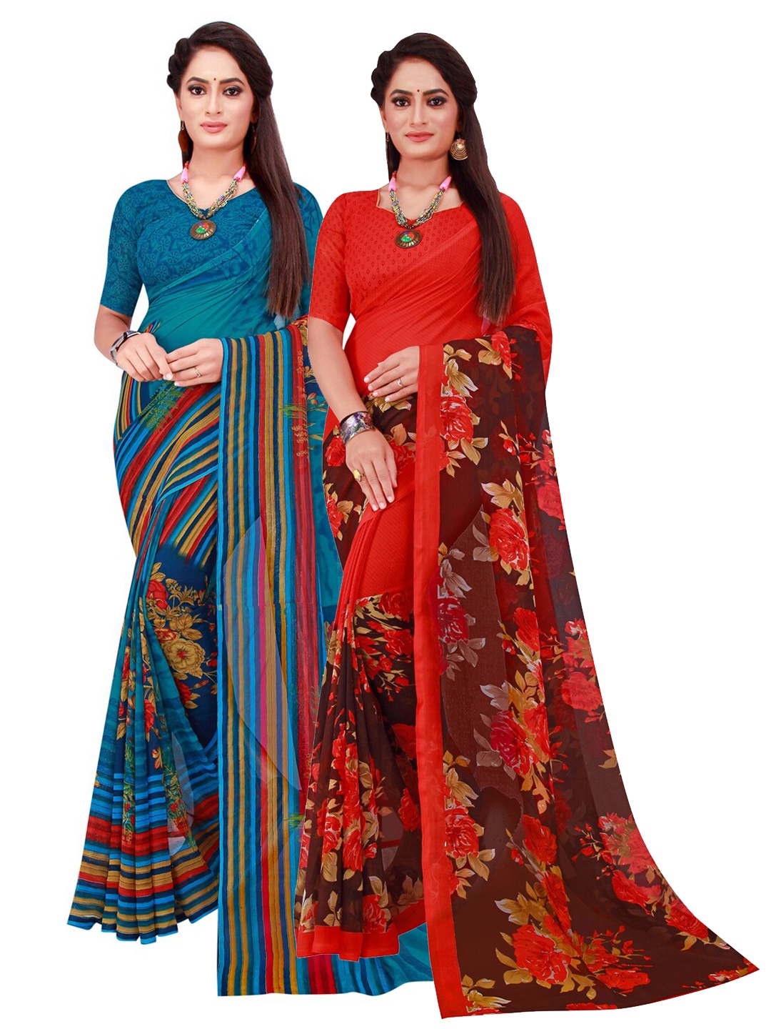 

Florence Pack of 2 Blue & Red Floral Pure Georgette Sarees