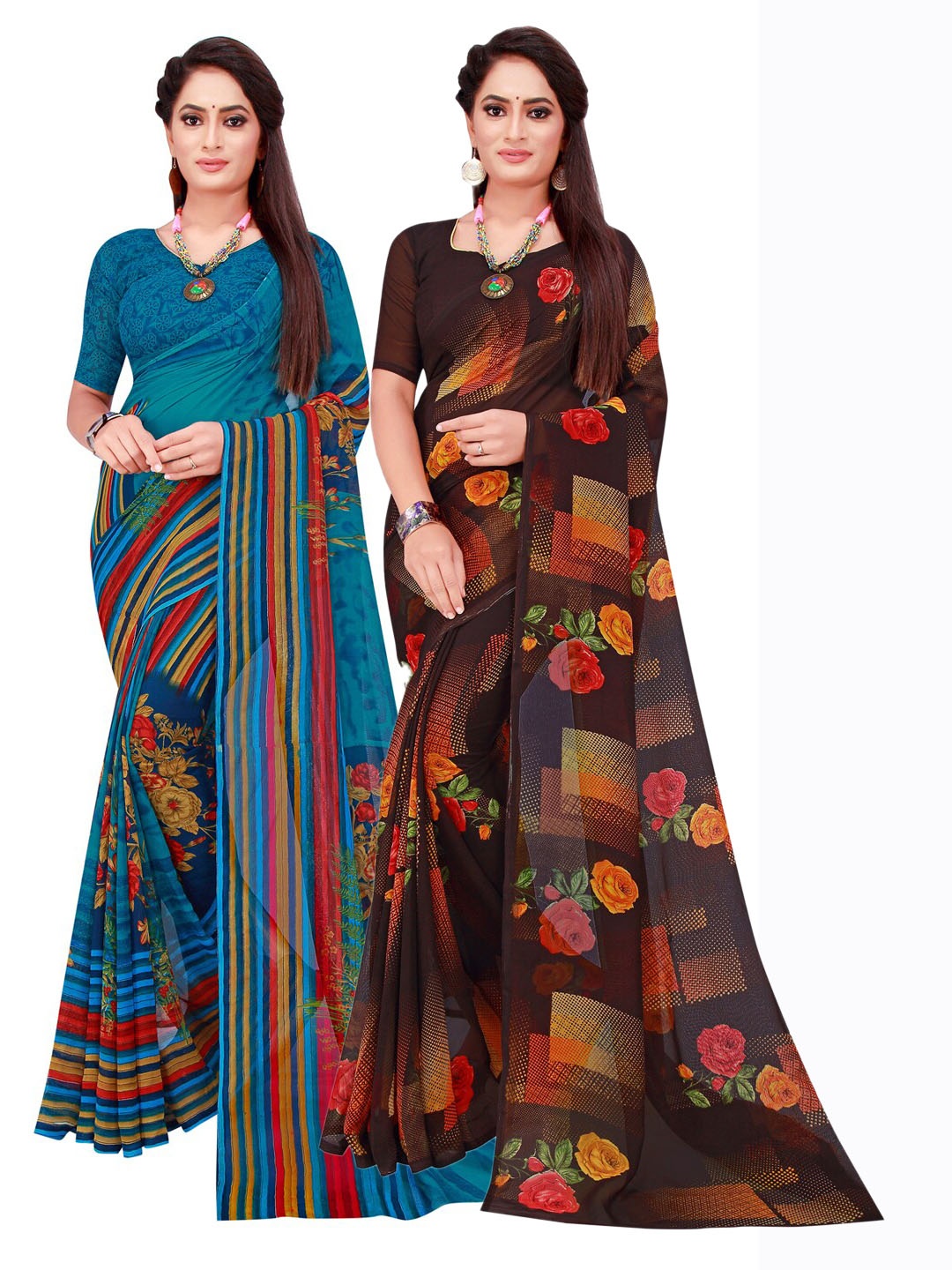 

Florence Turquoise Blue & Black Set Of 2 Pure Georgette Saree