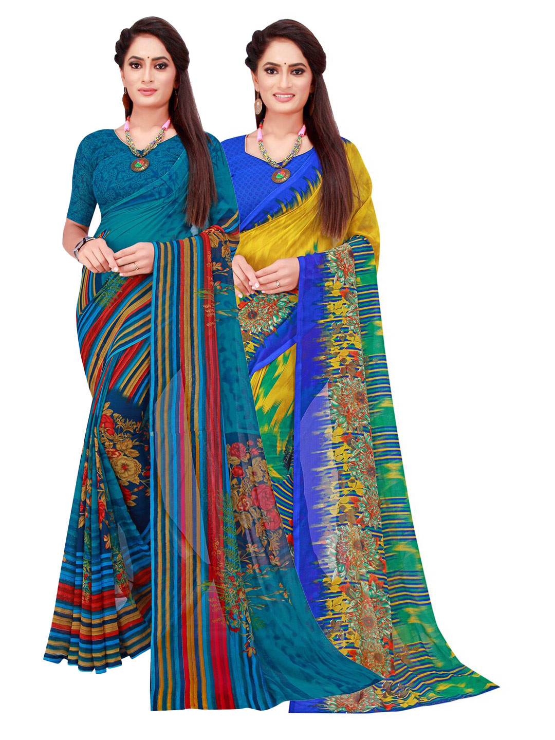 

Florence Pack of 2 Floral Pure Georgette Saree, Turquoise blue