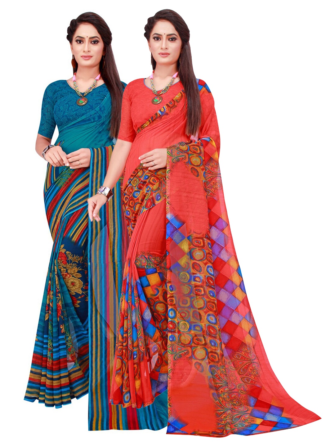 

Florence Blue & Red Pack Of 2 Printed Pure Georgette Sarees