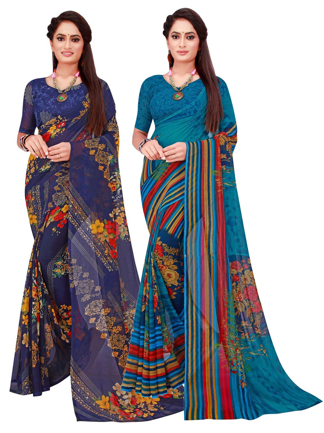 

Florence Pack Of 2 Turquoise Blue & Yellow Floral Pure Georgette Saree