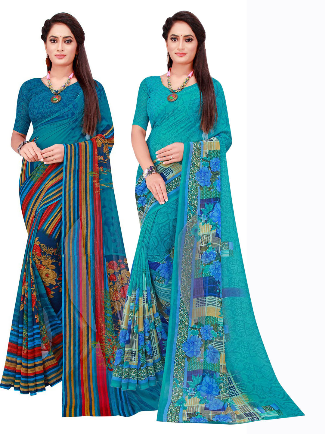 

Florence Pack Of 2 Turquoise Blue & Red Pure Georgette Saree