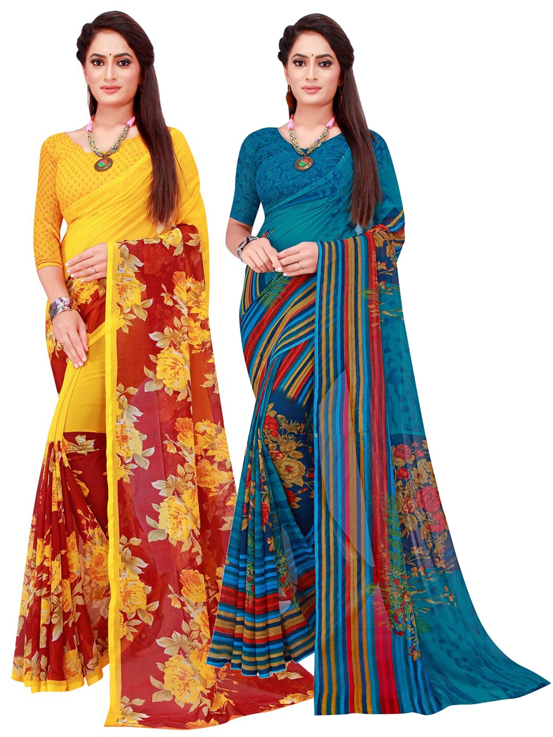 

Florence Pack of 2 Turquoise Blue & Yellow Floral Pure Georgette Sarees