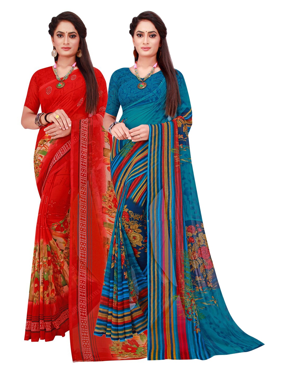 

Florence Orange & Blue Pack Of 2 Printed Pure Georgette Sarees