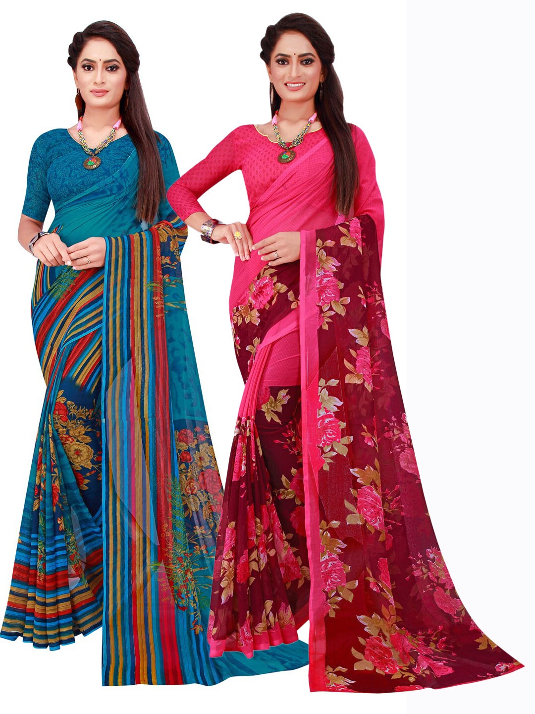 

Florence Pack of 2 Turquoise Blue & Magenta Floral Printed Pure Georgette Saree