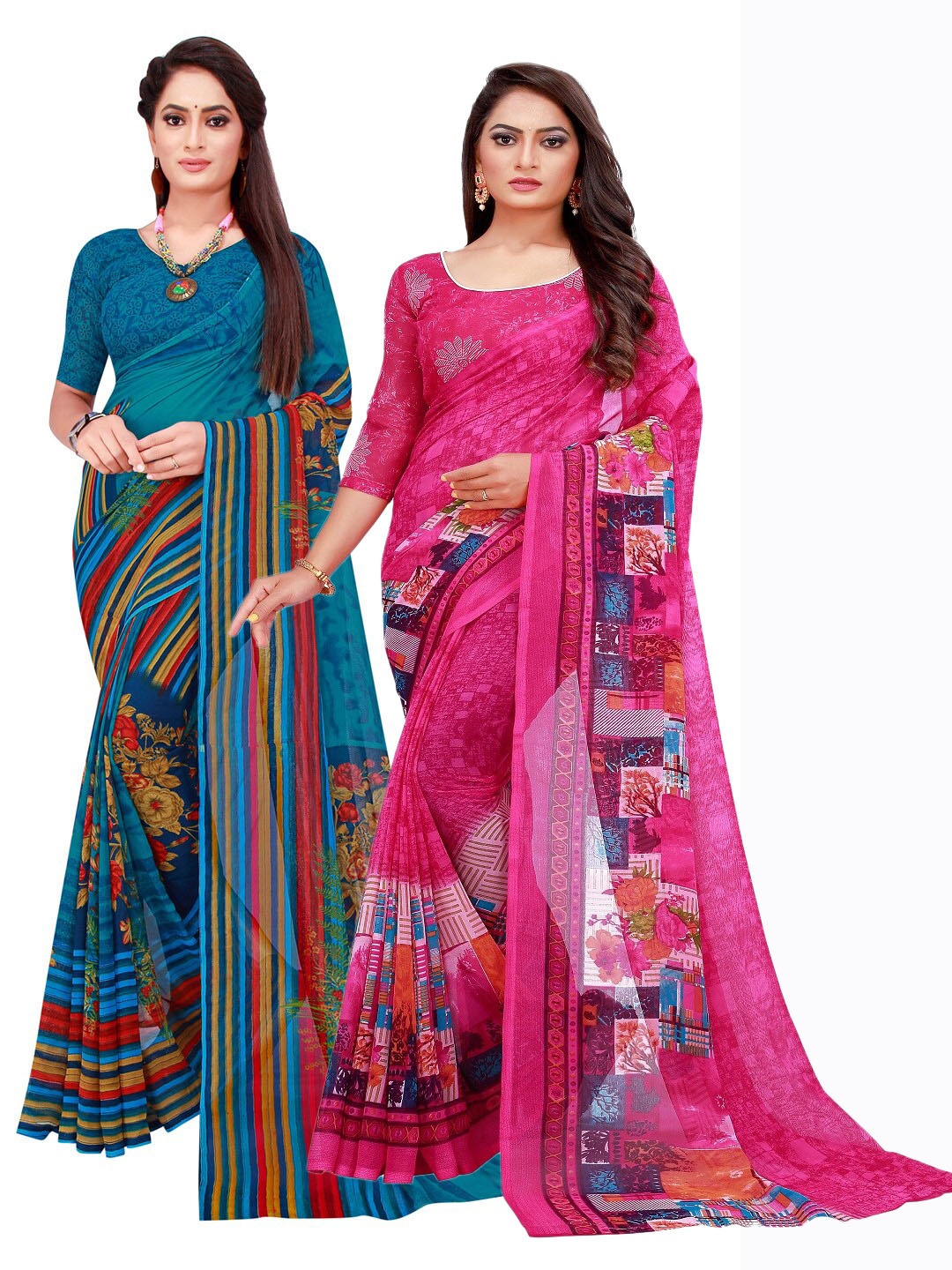 

Florence Magenta & Blue Pack of 2 Printed Pure Georgette Saree