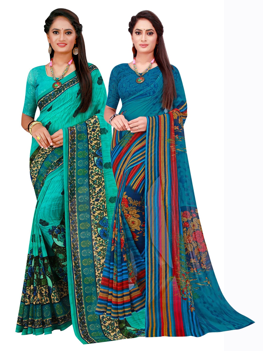 

Florence Turquoise Blue & Blue Floral Pure Georgette Saree