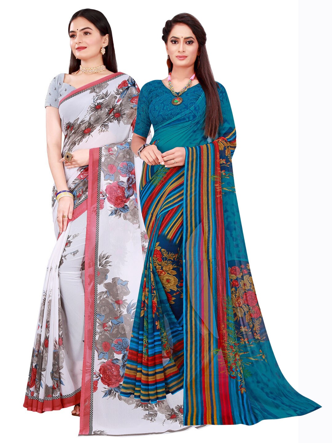

Florence Turquoise Blue & White Floral Pack of 2 Floral Pure Georgette Saree