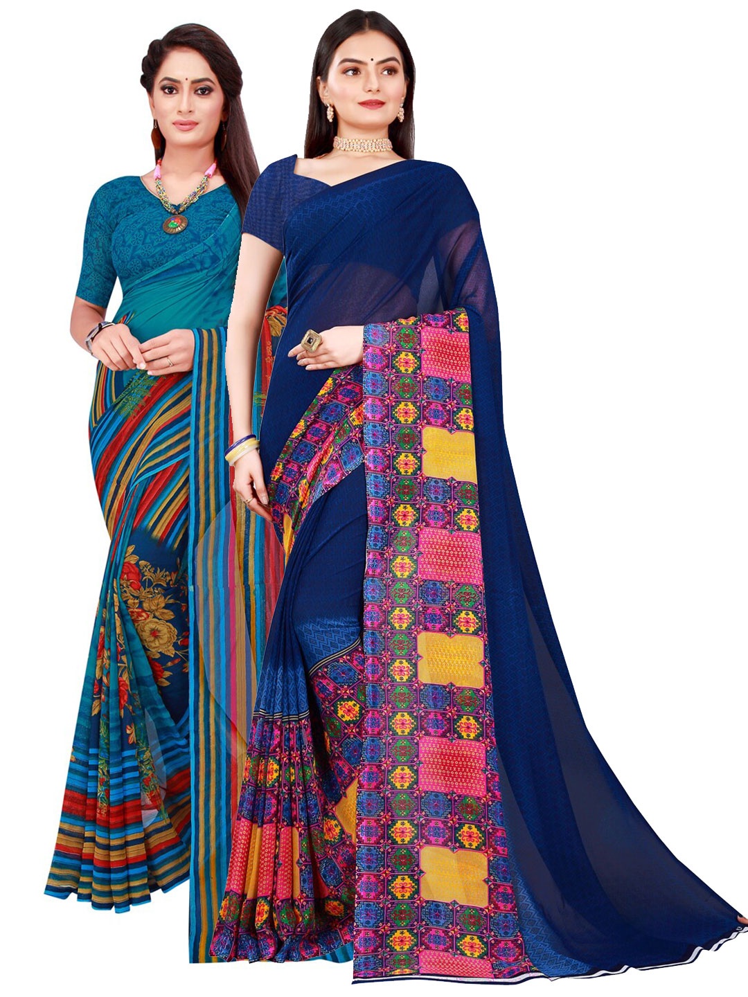 

Florence Turquoise Blue & Red Set Of 2 Pure Georgette Saree