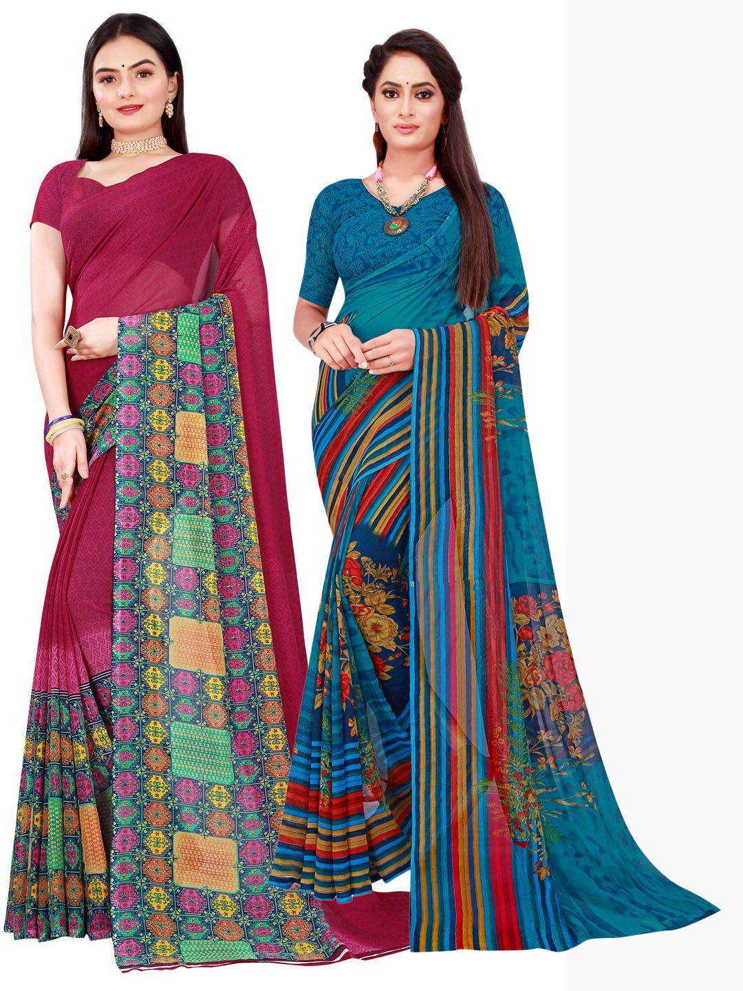 

Florence Turquoise Blue & Maroon Striped Pure Georgette Saree Pack Of 2